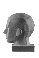 plaster statue of a human skull and head with an angular outline graphic.