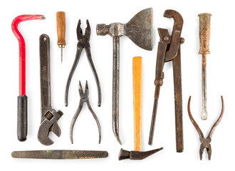 set of old home worker articles tools, isolated on a white background