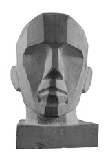 plaster statue of a human skull and head with an angular outline graphic.