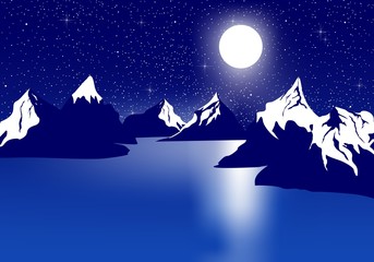 Blue night landscape with snowy hill on a lake with a reflection of the moon with a dark night sky with stars and shining moon