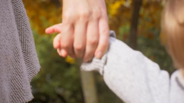 Closeup slow motion footage of cute baby boy holding mothers hand at park