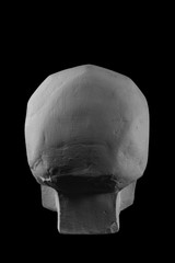 plaster statue of a human skull and head with an angular outline graphic.