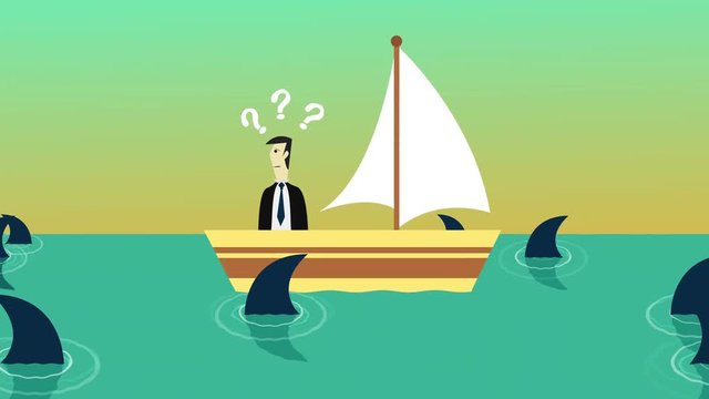 Colorful animation of helpless businessman on a small boat which surrounded by sharks ready to attack seamless loop with space for your text or message. Business risk, challenge, forecast concept