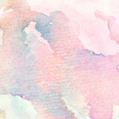 Abstract hand drawn watercolor background on textured paper in light blue and pink shades
