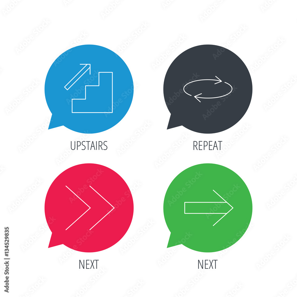 Poster colored speech bubbles. arrows icons. upstairs, next and repeat linear signs. next arrow flat line i