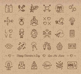 Retro Valentine Icon set, flat design line art thin style, Valentines day signs and love symbols. Trendy mono icons on a cardboard kraft paper background, Wedding infographics. Vector illustration