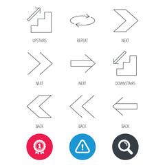 Achievement and search magnifier signs. Arrows icons. Upstairs, downstairs and repeat linear signs. Next, back arrows flat line icons. Hazard attention icon. Vector