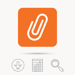 Attachment icon. Paper clip symbol. Report chart, download and magnifier search signs. Orange square button with web icon. Vector