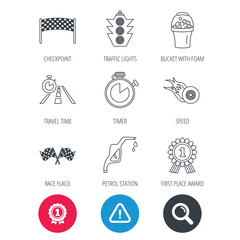 Achievement and search magnifier signs. Race flags and speed icons. Winner medal, checkpoint and traffic lights linear signs. Timer and petrol station flat line icons. Hazard attention icon. Vector