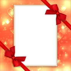 Mockup Valentines card, Empty blank A4 size, White postcard with red bows and ribbons. Valentine bright shiny gold background, love backdrop. Elements isolated and editable, Vector
