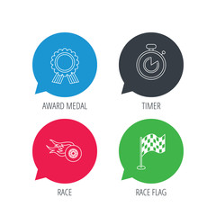 Colored speech bubbles. Race flag, winner medal and timer icons. Wheel on fire linear sign. Flat web buttons with linear icons. Vector