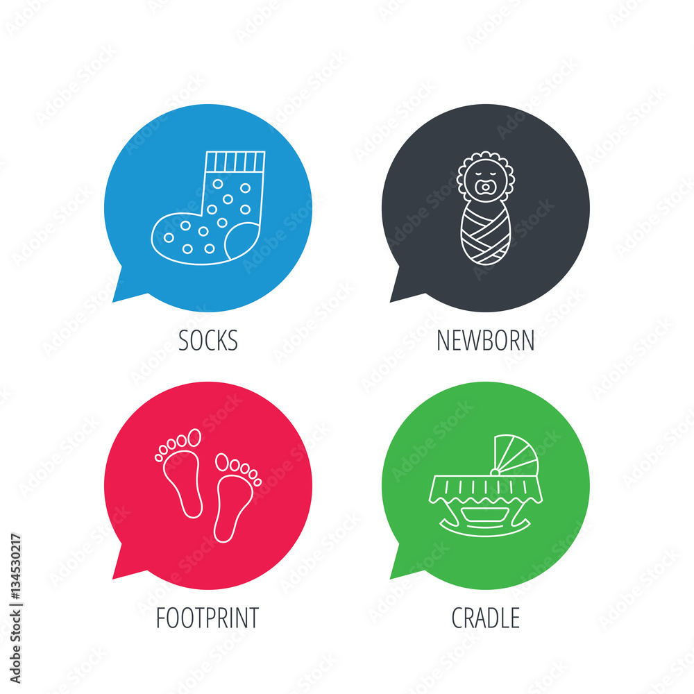 Poster colored speech bubbles. footprint, cradle and newborn baby icons. socks linear sign. flat web button