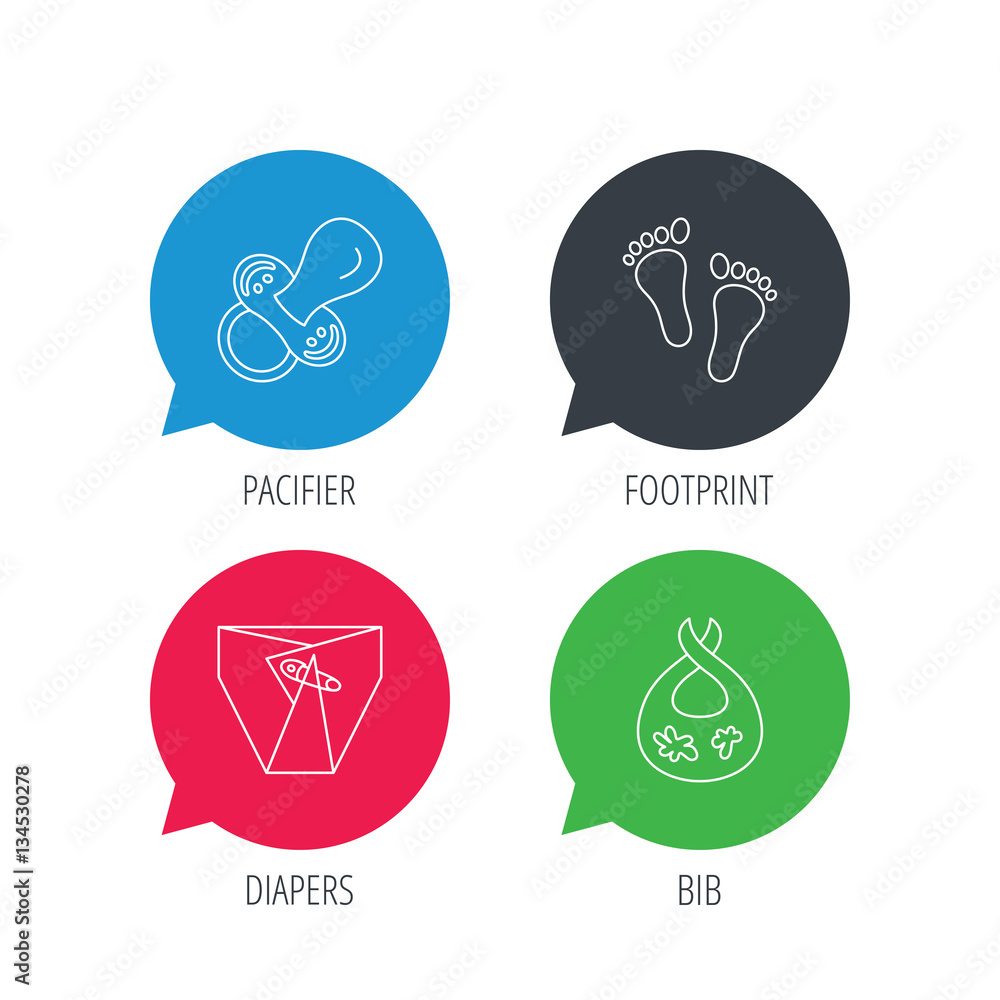 Poster colored speech bubbles. pacifier, footprint and child diapers icons. dirty bib linear sign. flat web