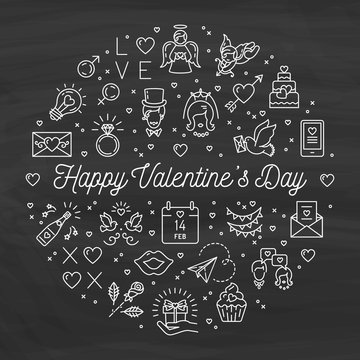 Valentine icons chalkboard background, Valentines Day signs and love symbols drawn in chalk on a blackboard. Wedding circle infographics, Vector illustration