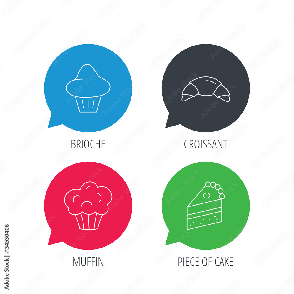 Poster colored speech bubbles. croissant, brioche and piece of cake icons. sweet muffin linear sign. flat w