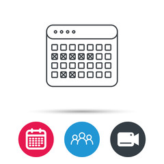 Calendar icon. Vacations organizer sign. Office reminder symbol. Group of people, video cam and calendar icons. Vector