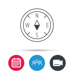 Compass navigation icon. Geographical orientation sign Group of people, video cam and calendar icons. Vector