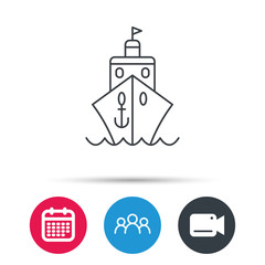 Cruise icon. Ship travel sign. Shipping delivery symbol. Group of people, video cam and calendar icons. Vector