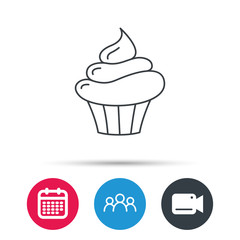 Cupcake icon. Dessert cake sign. Delicious bakery food symbol. Group of people, video cam and calendar icons. Vector