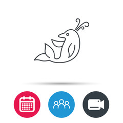Dolphin icon. Cetacean mammal sign. Delphinidae with fountain symbol. Group of people, video cam and calendar icons. Vector
