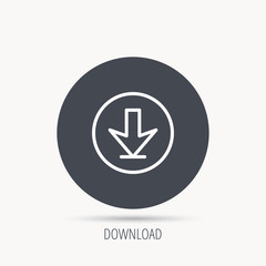 Download icon. Down arrow sign. Internet load symbol. Round web button with flat icon. Vector