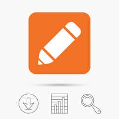 Edit icon. Pencil for drawing symbol. Report chart, download and magnifier search signs. Orange square button with web icon. Vector
