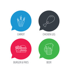 Colored speech bubbles. Hamburger, beer and chicken leg icons. Burger and chips fries linear signs. Flat web buttons with linear icons. Vector