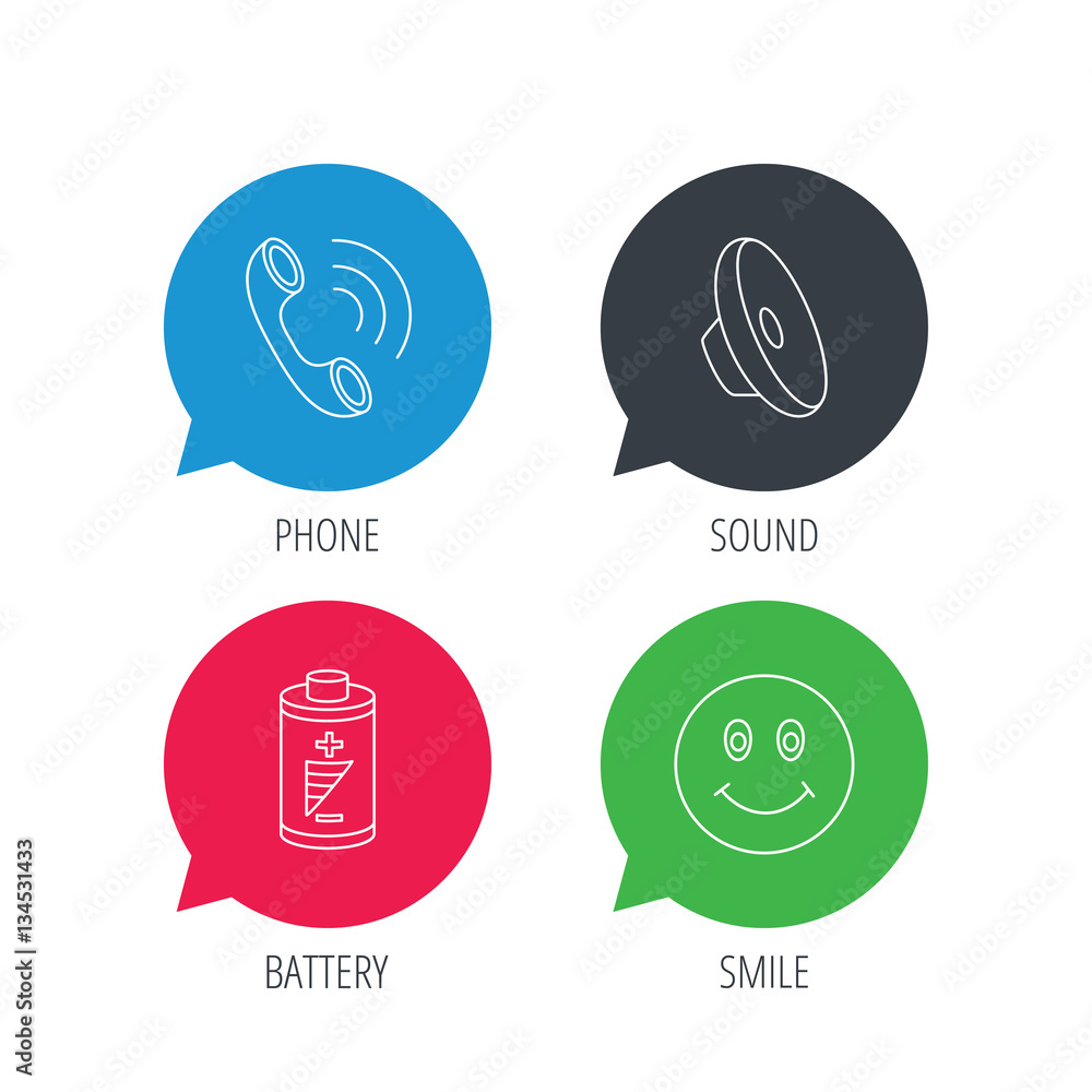 Poster colored speech bubbles. phone call, battery and sound icons. smiling face linear sign. flat web butt