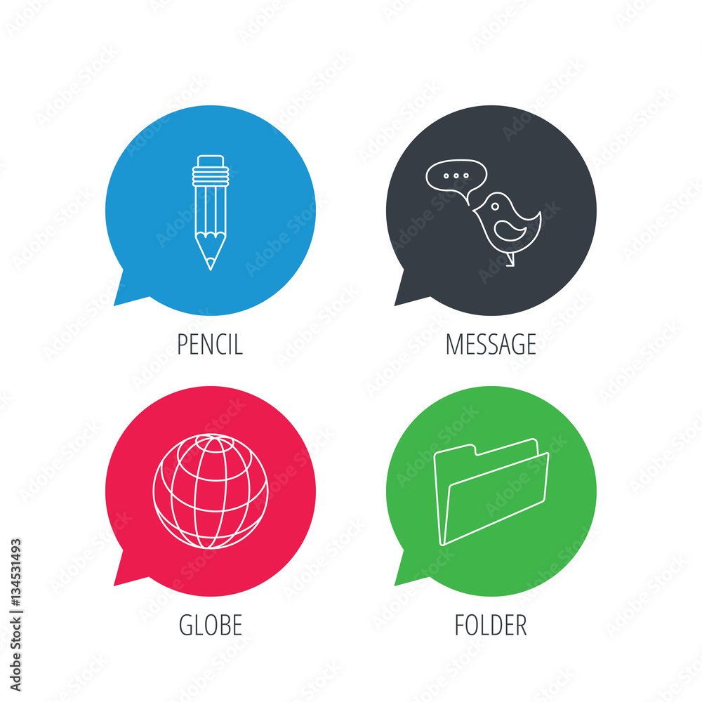 Poster colored speech bubbles. pencil, message and world globe icons. folder linear sign. flat web buttons 