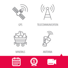 Achievement and video cam signs. Telecommunication, minerals and antenna icons. GPS satellite linear sign. Calendar icon. Vector