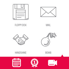 Obraz premium Achievement and video cam signs. Mail, bomb and handshake icons. Floppy disk linear sign. Calendar icon. Vector