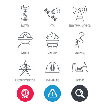 Achievement and search magnifier signs. Worker, minerals and engineering helm icons. GPS satellite, electricity station and factory linear signs. Telecommunication, battery icons. Vector