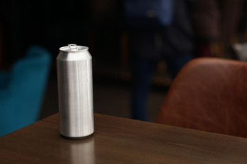 Empty can for beer without labels on the table
