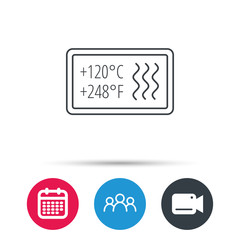 Heat resistant icon. Microwave or dishwasher information sign. Attention symbol. Group of people, video cam and calendar icons. Vector