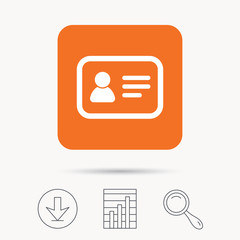 ID card icon. Personal identification document symbol. Report chart, download and magnifier search signs. Orange square button with web icon. Vector