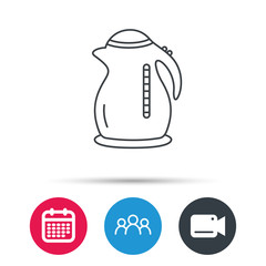 Kettle icon. Kitchen teapot sign. Group of people, video cam and calendar icons. Vector