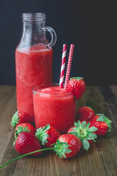 Strawberry Smoothies, Strawberry Slush on Wooden Background, Summer Drink, Fresh Beverage