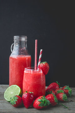Strawberry Smoothies, Strawberry Slush on Wooden Background, Summer Drink, Fresh Beverage