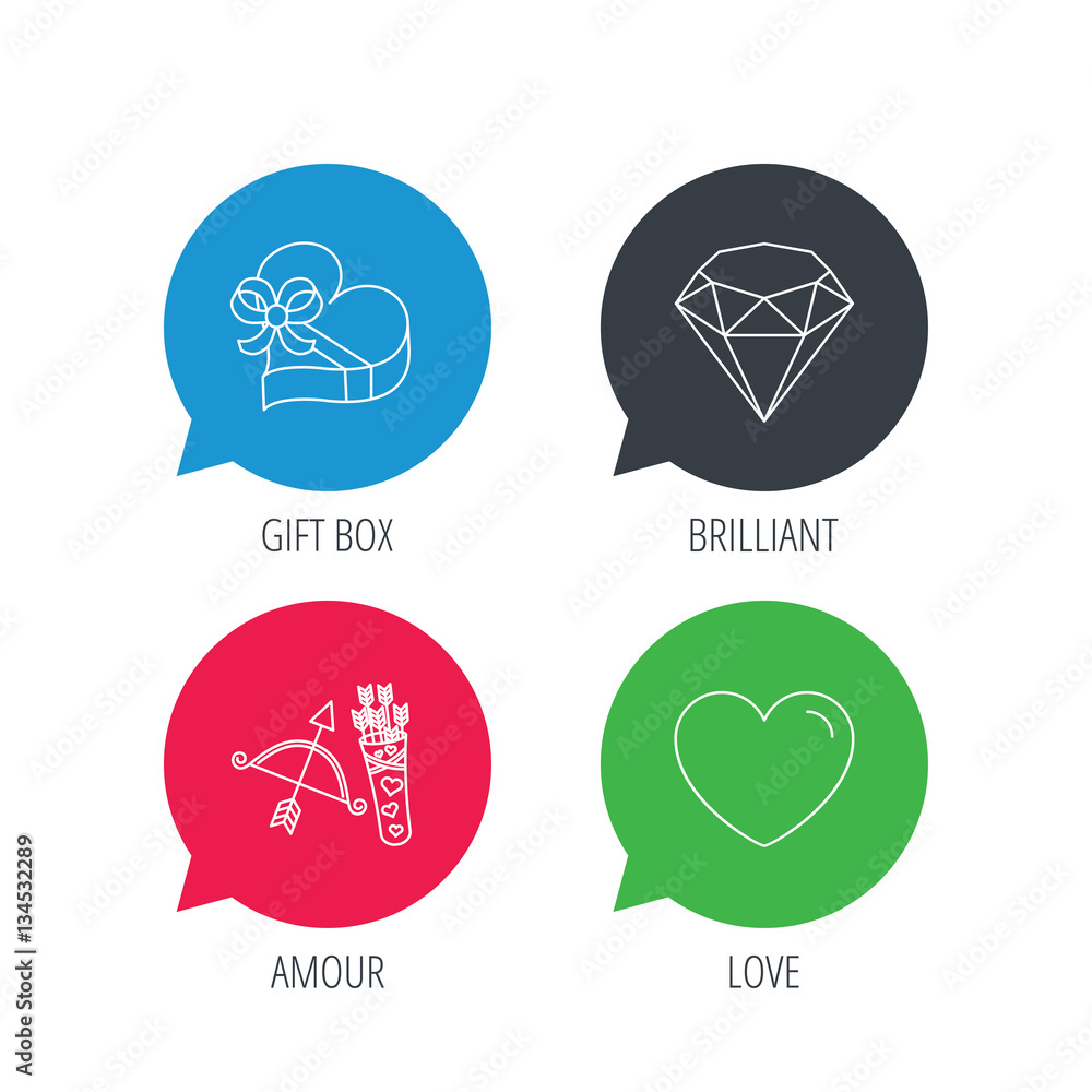 Poster colored speech bubbles. love heart, brilliant and gift box icons. amour bow with arrows linear signs