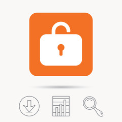 Lock icon. Privacy locker sign. Private access symbol. Report chart, download and magnifier search signs. Orange square button with web icon. Vector