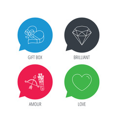 Colored speech bubbles. Love heart, brilliant and gift box icons. Amour bow with arrows linear signs. Flat web buttons with linear icons. Vector