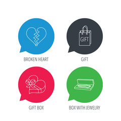 Colored speech bubbles. Broken heart, gift box and wedding jewelry icons. Box with jewelry linear sign. Flat web buttons with linear icons. Vector