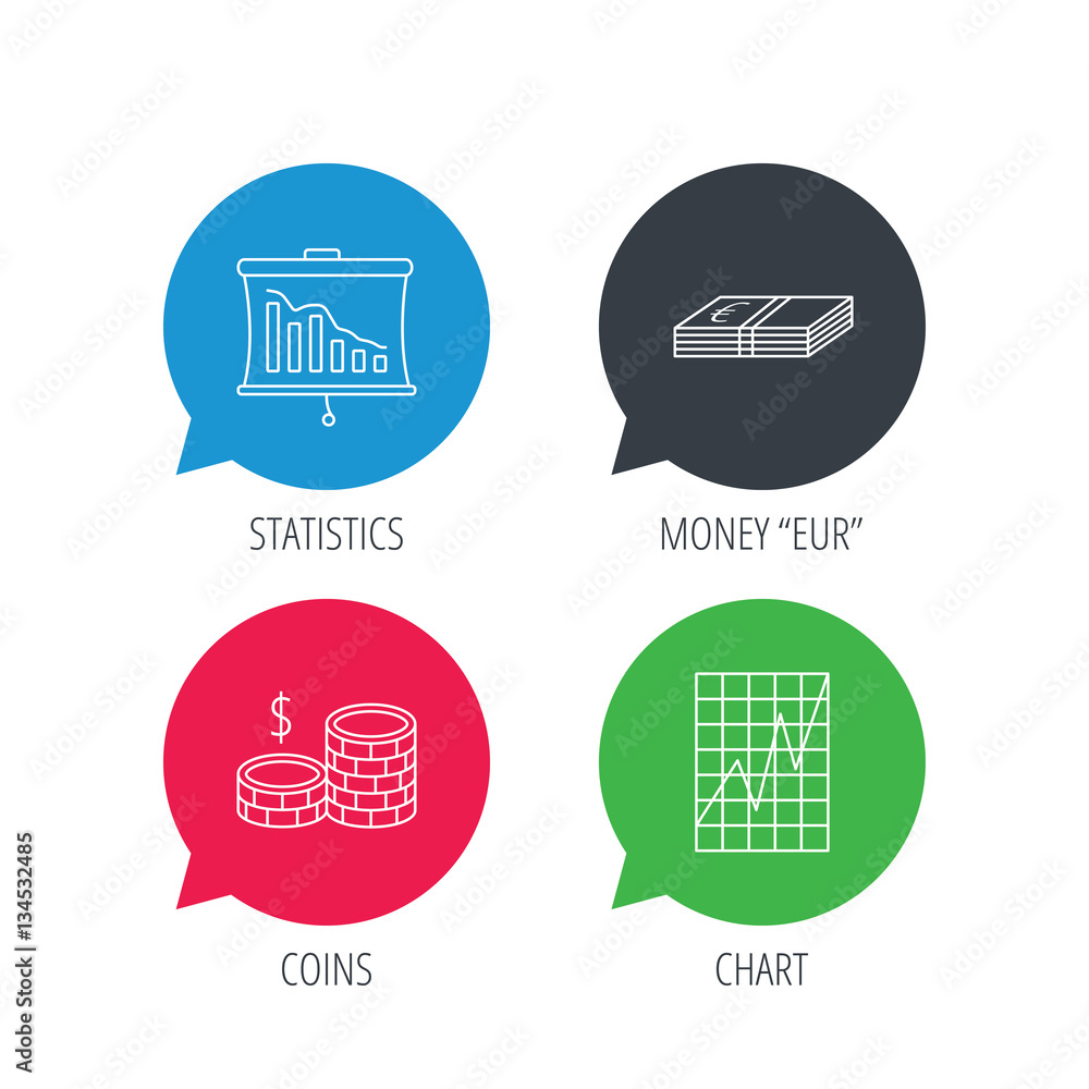 Poster colored speech bubbles. chart, cash money and statistics icons. coins linear sign. flat web buttons 