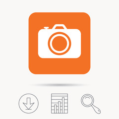 Camera icon. Professional photocamera symbol. Report chart, download and magnifier search signs. Orange square button with web icon. Vector