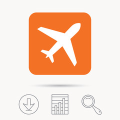 Plane icon. Flight transport symbol. Report chart, download and magnifier search signs. Orange square button with web icon. Vector
