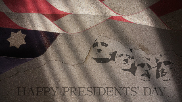 Happy Presidents Day. America Flag and Mount Rushmore on Cracked Concrete Wall