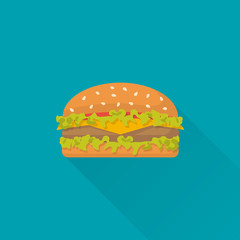 Hamburger icon with long shadow. Vector illustration flat style. Symbol fast food. Isolated on white background.