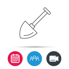 Shovel icon. Garden equipment sign symbol. Group of people, video cam and calendar icons. Vector