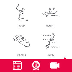 Achievement and video cam signs. Ice hockey, diving and kayaking icons. Bobsled linear sign. Calendar icon. Vector