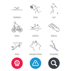 Achievement and search magnifier signs. Swimming, tennis and golf icons. Biking, diving and horseback riding linear signs. Ski jumping, boating and bobsleigh icons. Hazard attention icon. Vector